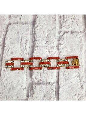 Vintage J Crew Jewelry Bracelet Chunky Gold Tone Orange Enamel Clear Rhinestones